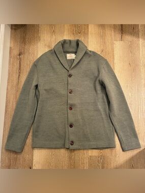 Dehen 1920 Shawl Collar Sweater Olive Green Cardigan 100% Wool Made In USA Sz. L